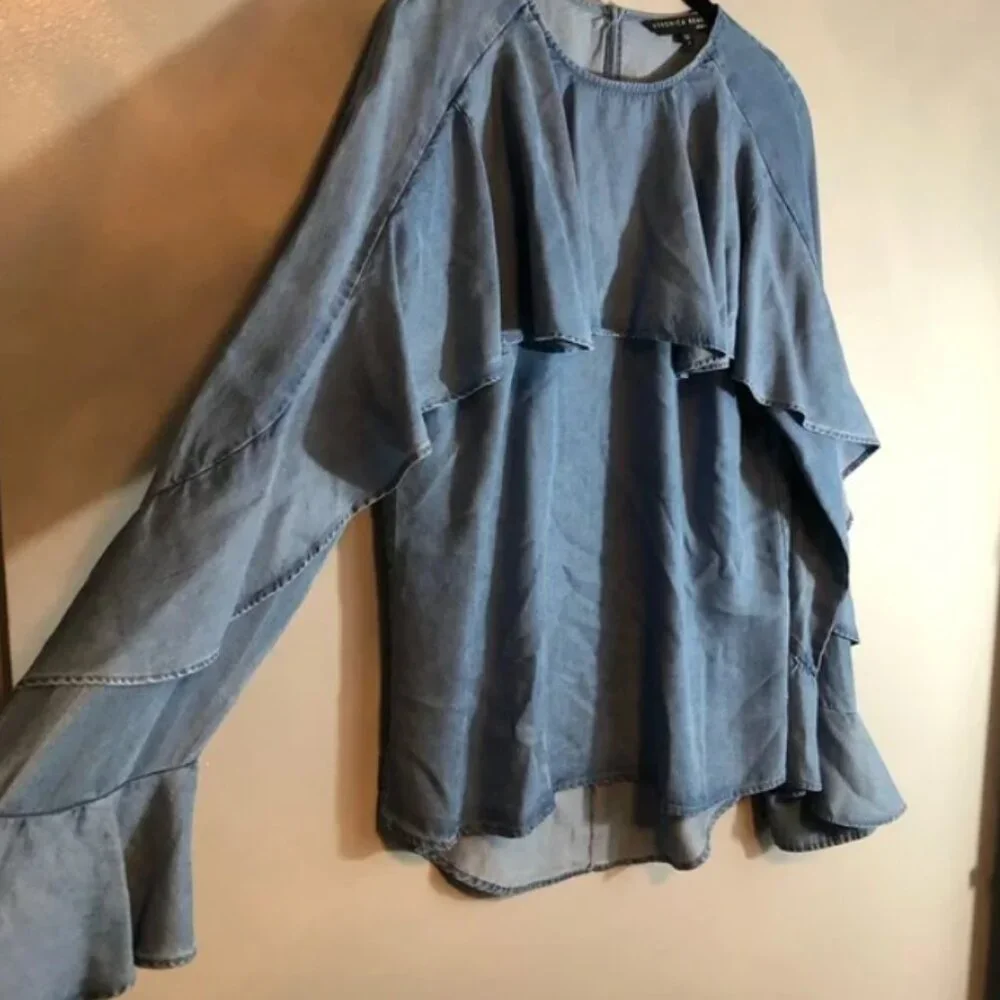 Veronica Beard Mia Ruffle Chambray Top - Picture 4 of 8